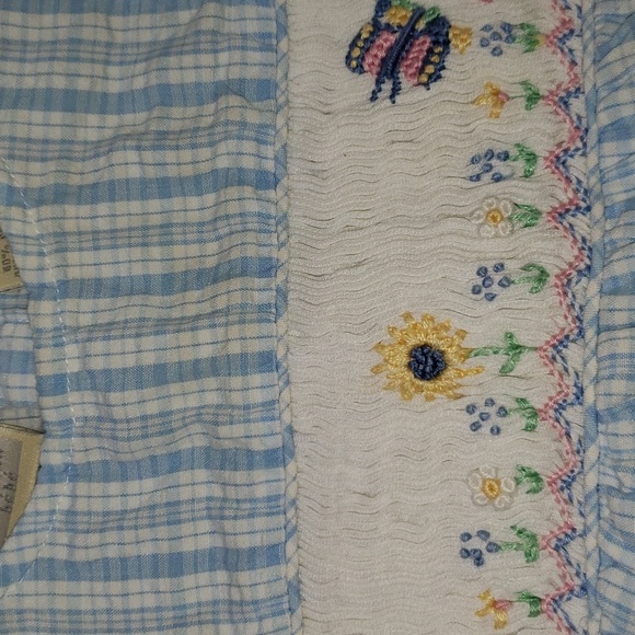 Parisian Bebe Blue and White Plaid Romper with Embroidered Flowers, Size 6-9M - Picture 5 of 7